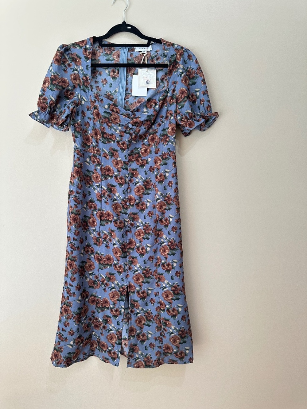 NWT RIHOAS Blue Floral Midi Button Up Short Sleeve Dress Size M